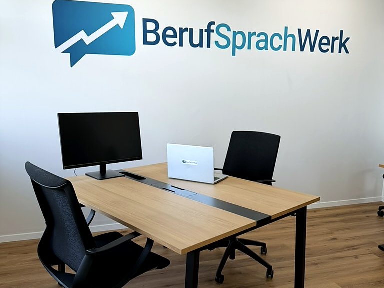 Unsere Coachingräume: Schreibtisch mit Laptop vor dem BerufSprachWerk-Logo